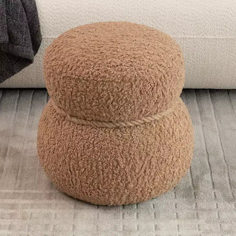 Pouf Rotondo a Forma di Pupazzo di Neve, Sgabello Carino Rivestito in Lana di Agnello, Sgabello da Trucco con Struttura in Legno, Panca Porta Scarpe per Soggiorno, Camera da Letto, Ingresso