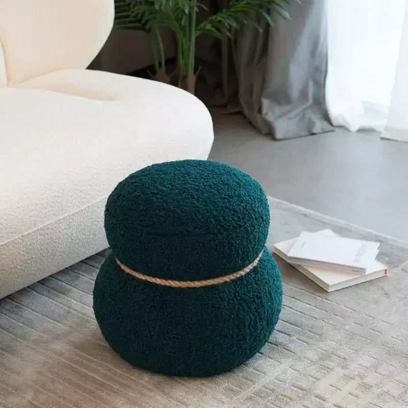 Pouf Rotondo a Forma di Pupazzo di Neve, Sgabello Carino Rivestito in Lana di Agnello, Sgabello da Trucco con Struttura in Legno, Panca Porta Scarpe per Soggiorno, Camera da Letto, Ingresso