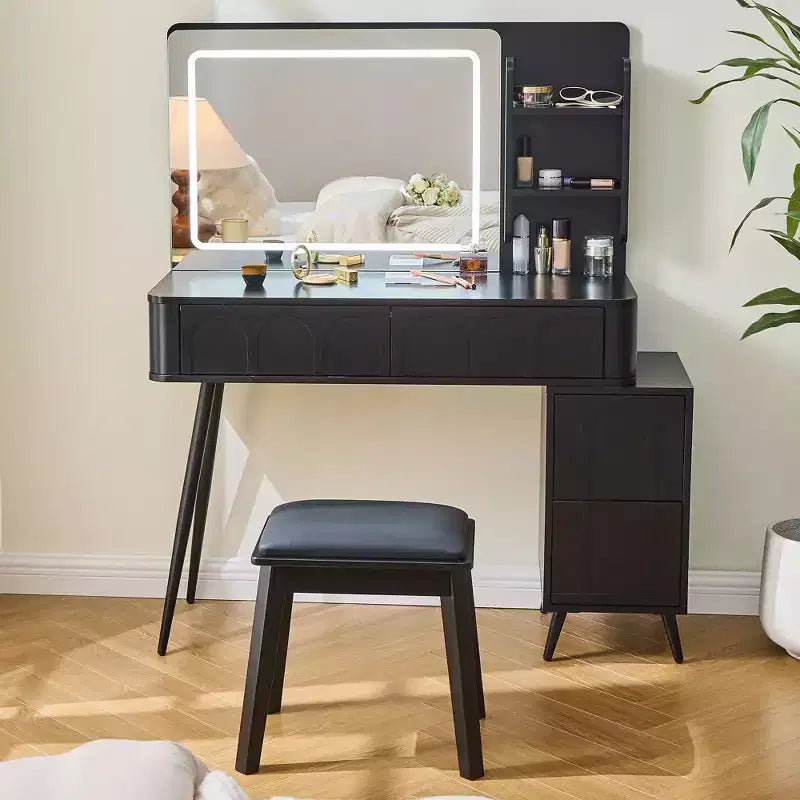 Okak Modern Makeup Vanity with Stool Set, 3-Color Vanity Table with 4 Drawers, Space-Saving Makeup Desk for Living Room, Bedroom, Black