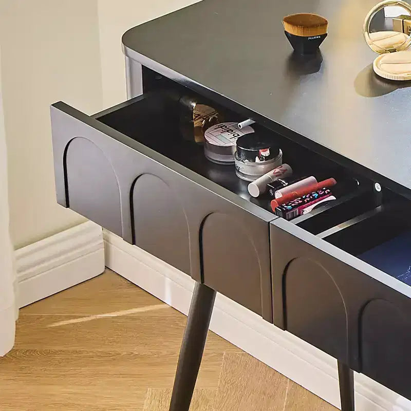 Moderna toeletta con sgabello, tavolo da trucco a 3 colori con 4 cassetti, scrivania salvaspazio per soggiorno, camera da letto, nero