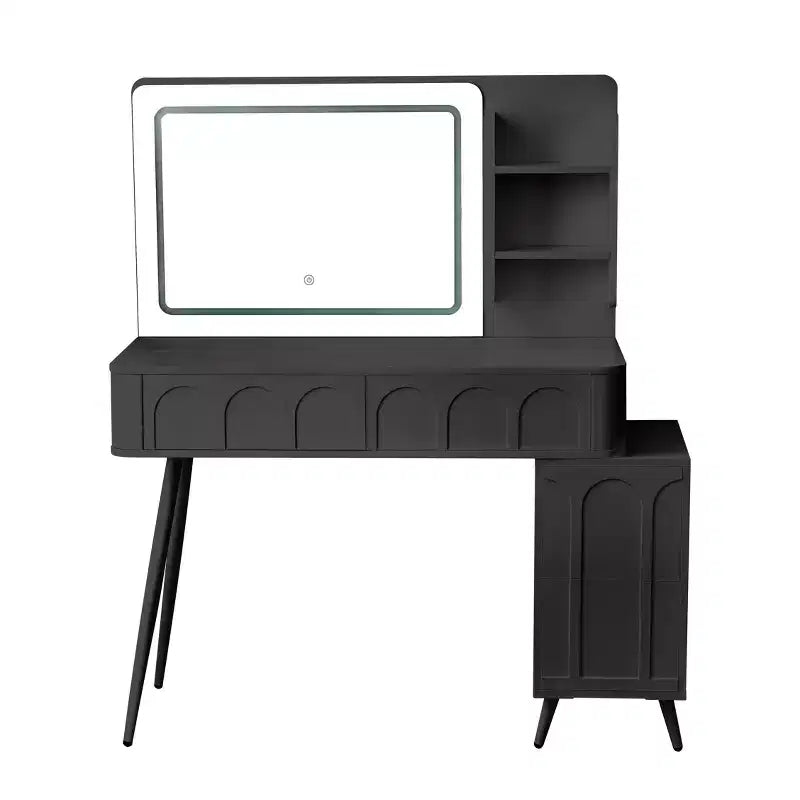 Moderna toeletta con sgabello, tavolo da trucco a 3 colori con 4 cassetti, scrivania salvaspazio per soggiorno, camera da letto, nero