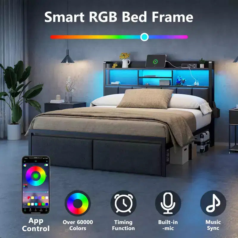 Struttura Letto Matrimoniale Imbottita con Piattaforma, Cassetti Contenitori, Testiera con Scaffale, Luci LED, Stazione di Ricarica, Struttura in Metallo, Nessuna Rete a Molle Necessaria, Camera da Letto per Ragazzi