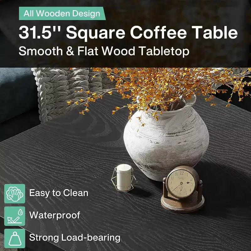 Tavolino da caffè quadrato da 31,5 pollici, tavolino cocktail scanalato moderno di metà secolo per soggiorno, facile da montare, nero