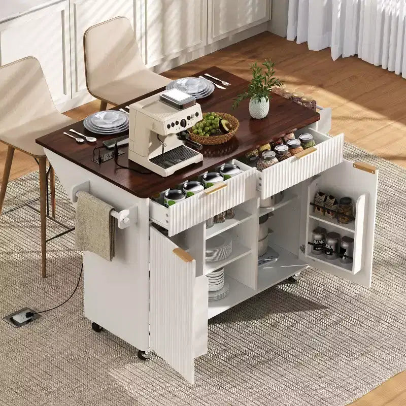 52 Tavolo da Cucina Mobile da Fattoria con Ribalta e Piano Effetto Marmo, Carrello da Cucina con Ruote e Contenitore per Cucina o Sala da Pranzo