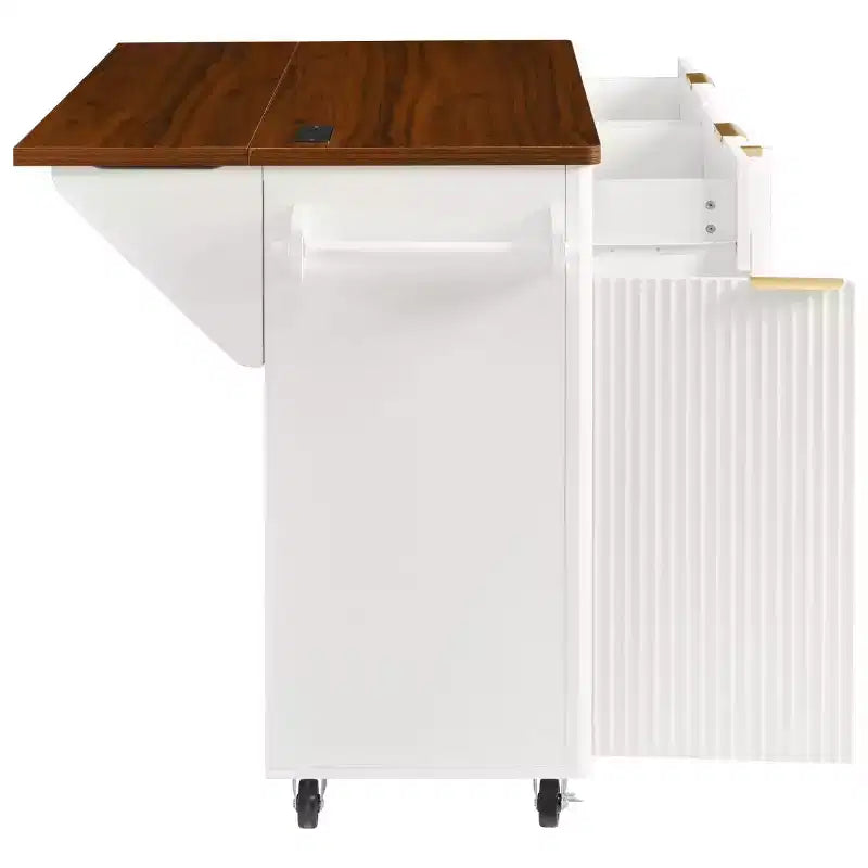 52 Tavolo da Cucina Mobile da Fattoria con Ribalta e Piano Effetto Marmo, Carrello da Cucina con Ruote e Contenitore per Cucina o Sala da Pranzo