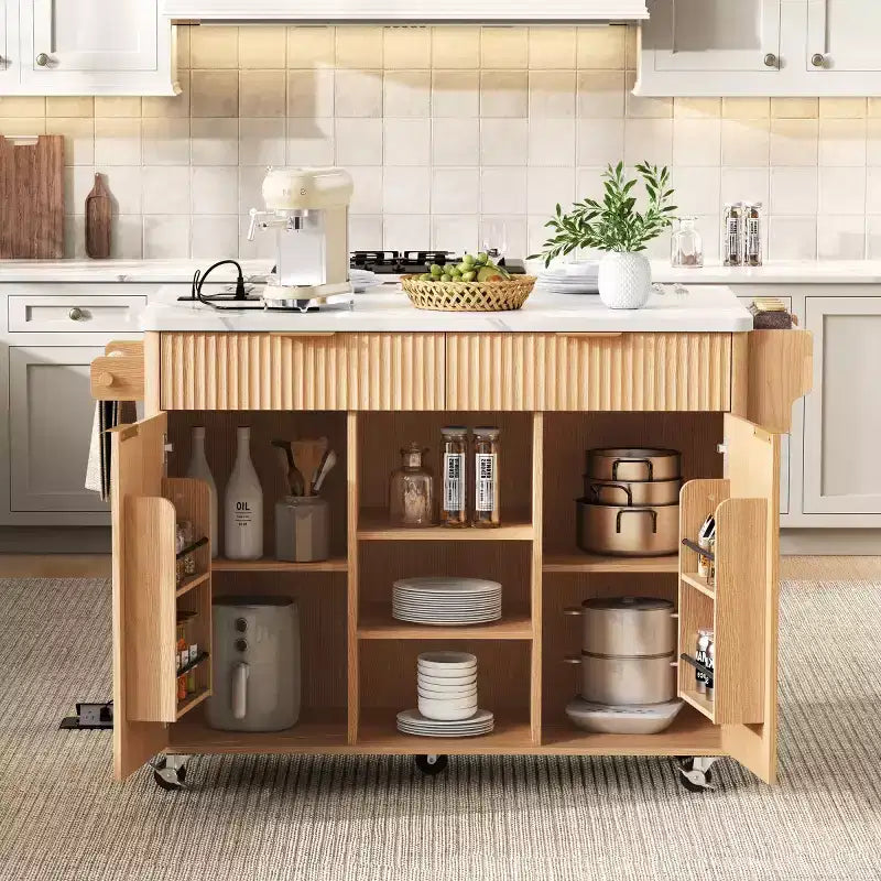 52 Tavolo da Cucina Mobile da Fattoria con Ribalta e Piano Effetto Marmo, Carrello da Cucina con Ruote e Contenitore per Cucina o Sala da Pranzo