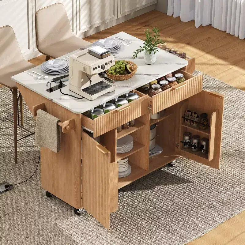 52 Tavolo da Cucina Mobile da Fattoria con Ribalta e Piano Effetto Marmo, Carrello da Cucina con Ruote e Contenitore per Cucina o Sala da Pranzo