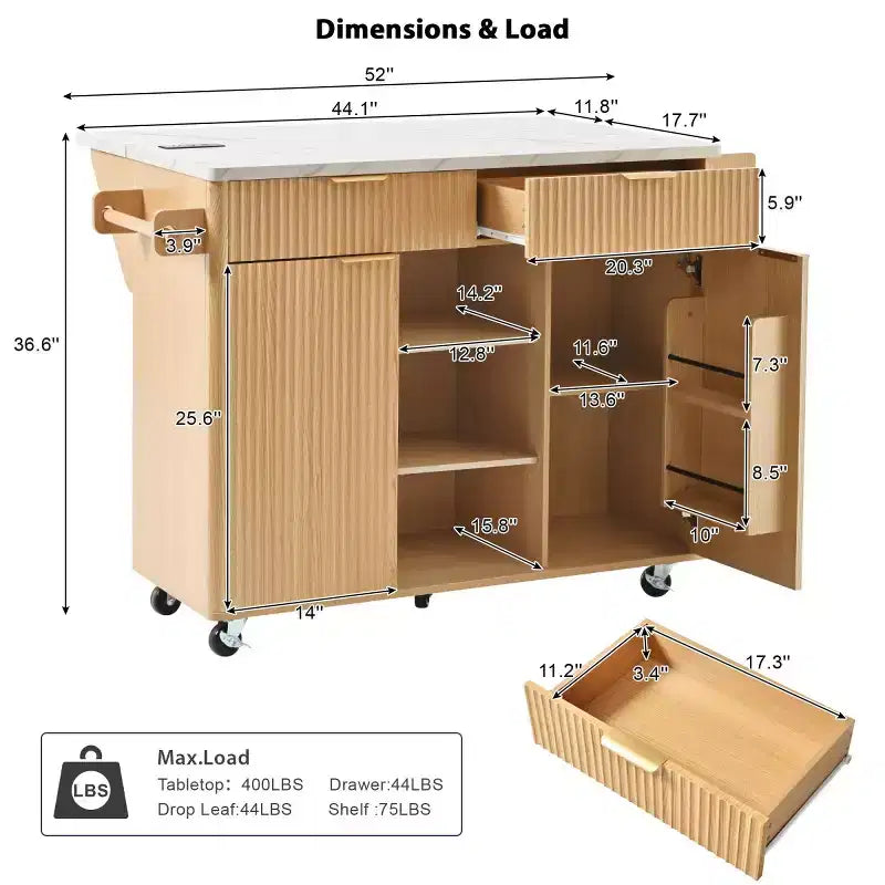52 Tavolo da Cucina Mobile da Fattoria con Ribalta e Piano Effetto Marmo, Carrello da Cucina con Ruote e Contenitore per Cucina o Sala da Pranzo