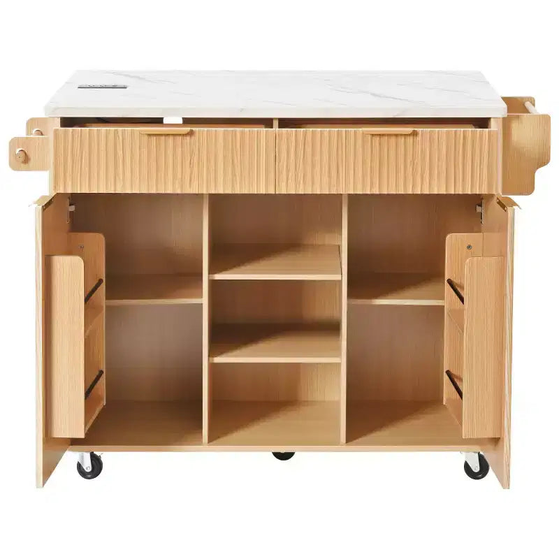 52 Tavolo da Cucina Mobile da Fattoria con Ribalta e Piano Effetto Marmo, Carrello da Cucina con Ruote e Contenitore per Cucina o Sala da Pranzo