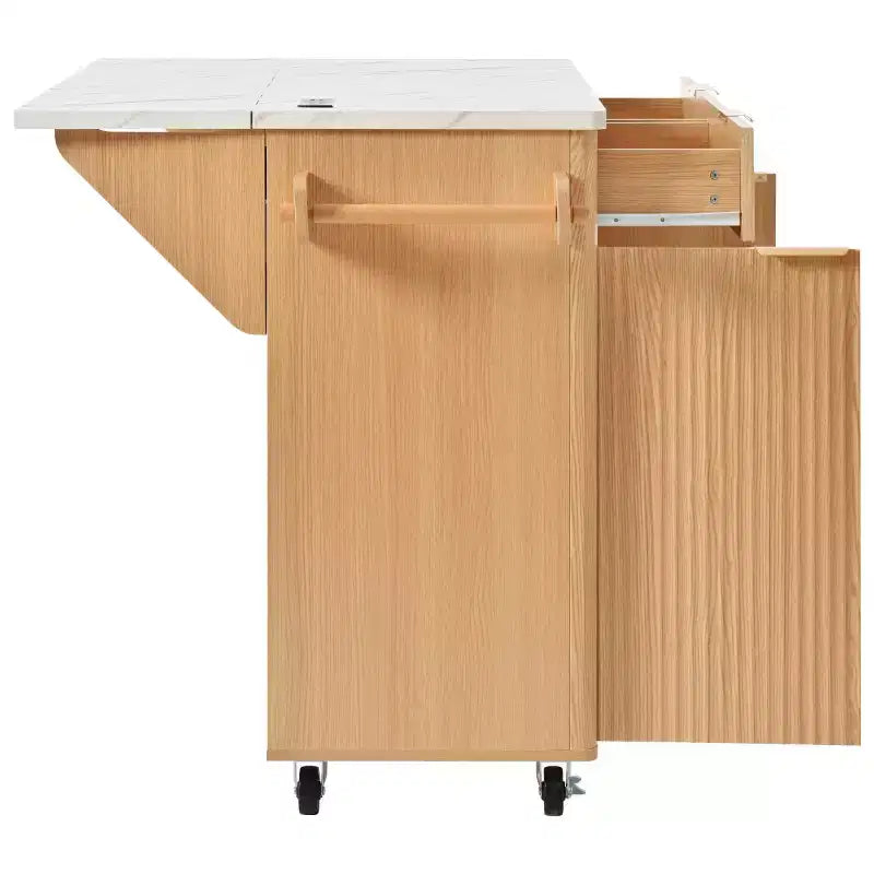 52 Tavolo da Cucina Mobile da Fattoria con Ribalta e Piano Effetto Marmo, Carrello da Cucina con Ruote e Contenitore per Cucina o Sala da Pranzo
