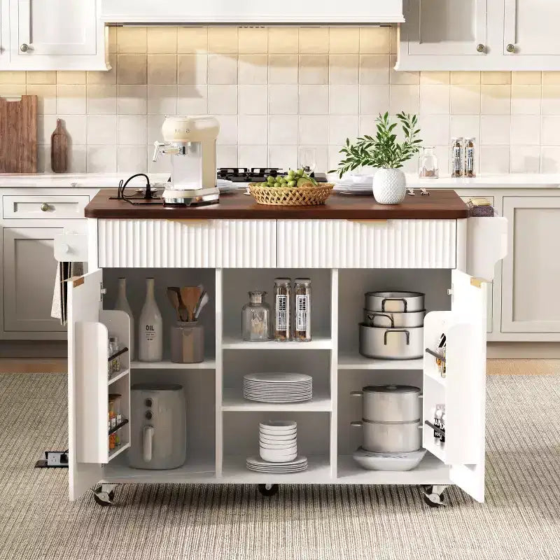 52 Tavolo da Cucina Mobile da Fattoria con Ribalta e Piano Effetto Marmo, Carrello da Cucina con Ruote e Contenitore per Cucina o Sala da Pranzo