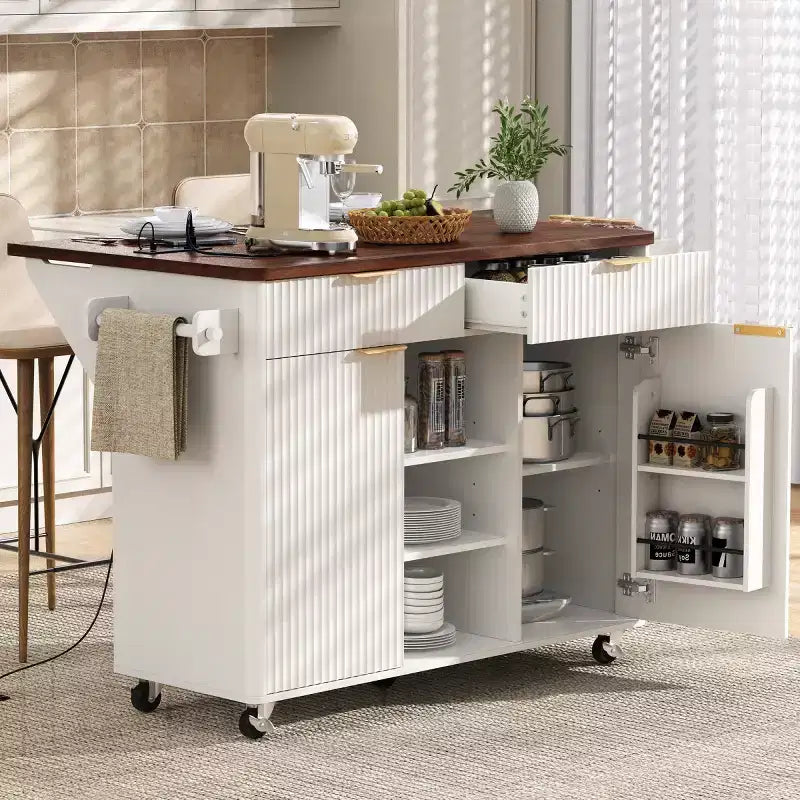 52 Tavolo da Cucina Mobile da Fattoria con Ribalta e Piano Effetto Marmo, Carrello da Cucina con Ruote e Contenitore per Cucina o Sala da Pranzo