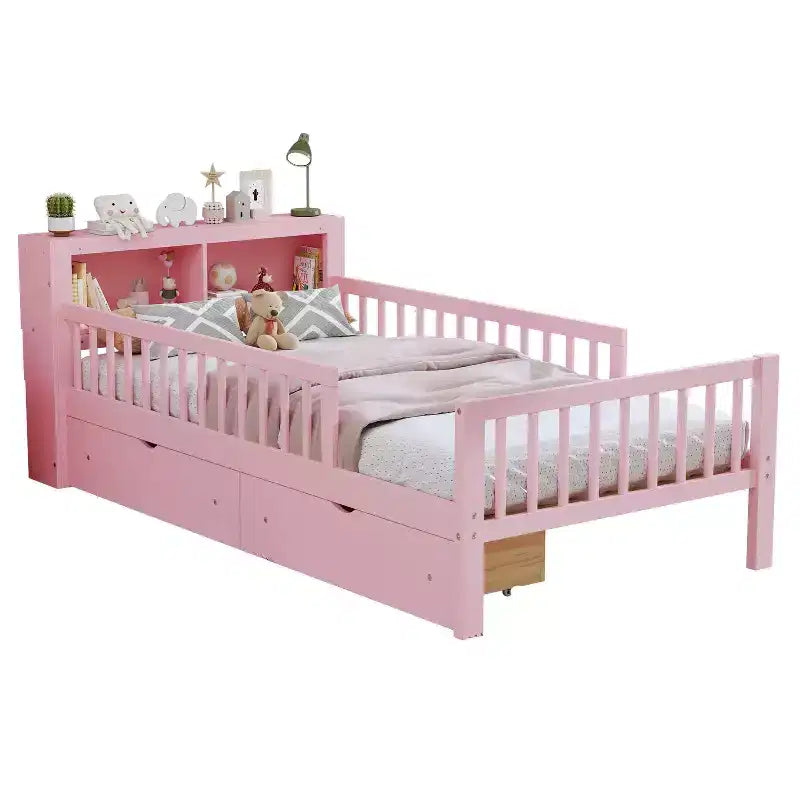 Letto matrimoniale con testiera contenitore, portaoggetti, due cassetti sottoletto e tre sponde laterali per la camera da letto, rosa