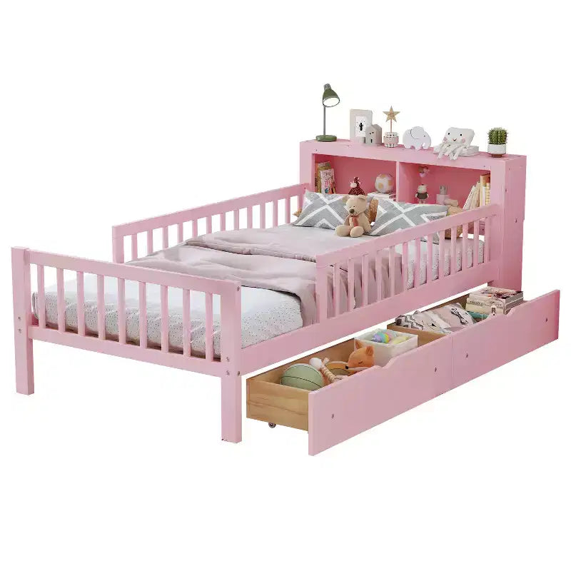 Letto matrimoniale con testiera contenitore, portaoggetti, due cassetti sottoletto e tre sponde laterali per la camera da letto, rosa