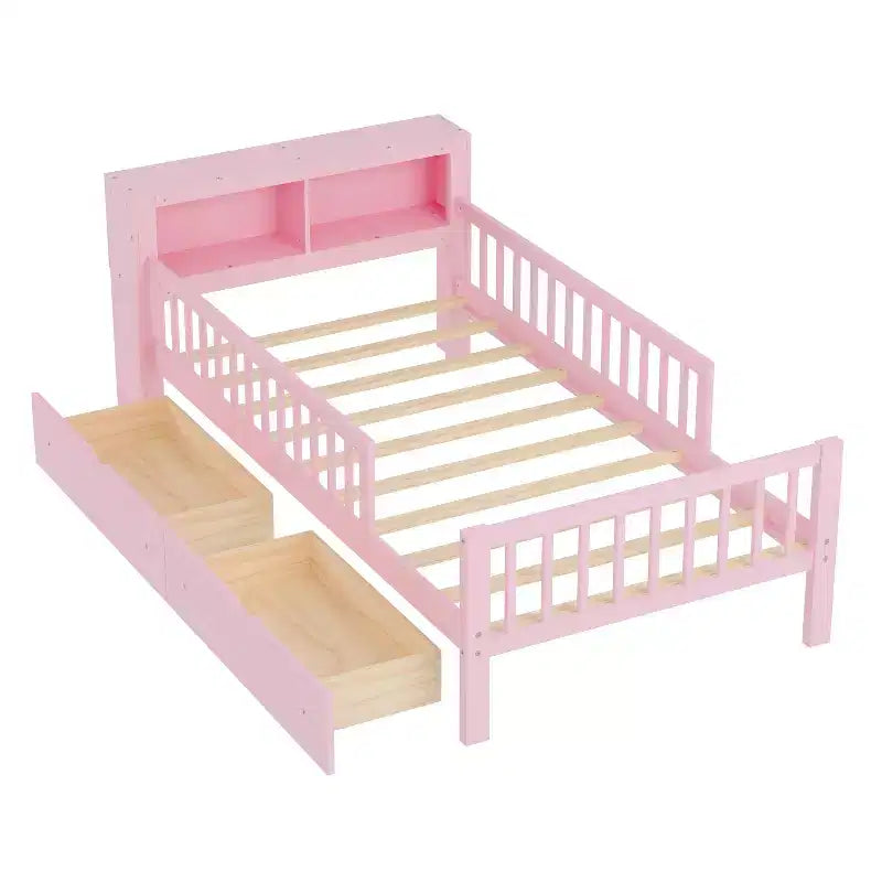 Letto matrimoniale con testiera contenitore, portaoggetti, due cassetti sottoletto e tre sponde laterali per la camera da letto, rosa