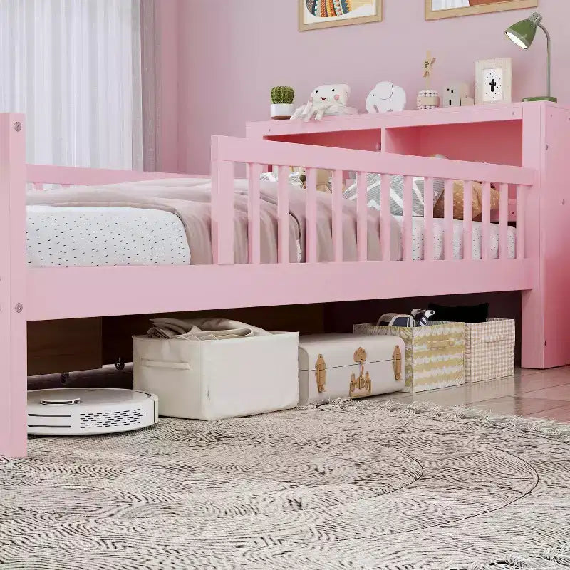Letto matrimoniale con testiera contenitore, portaoggetti, due cassetti sottoletto e tre sponde laterali per la camera da letto, rosa
