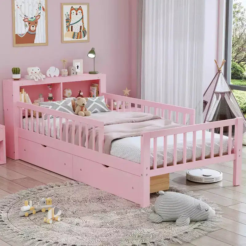 Letto matrimoniale con testiera contenitore, portaoggetti, due cassetti sottoletto e tre sponde laterali per la camera da letto, rosa