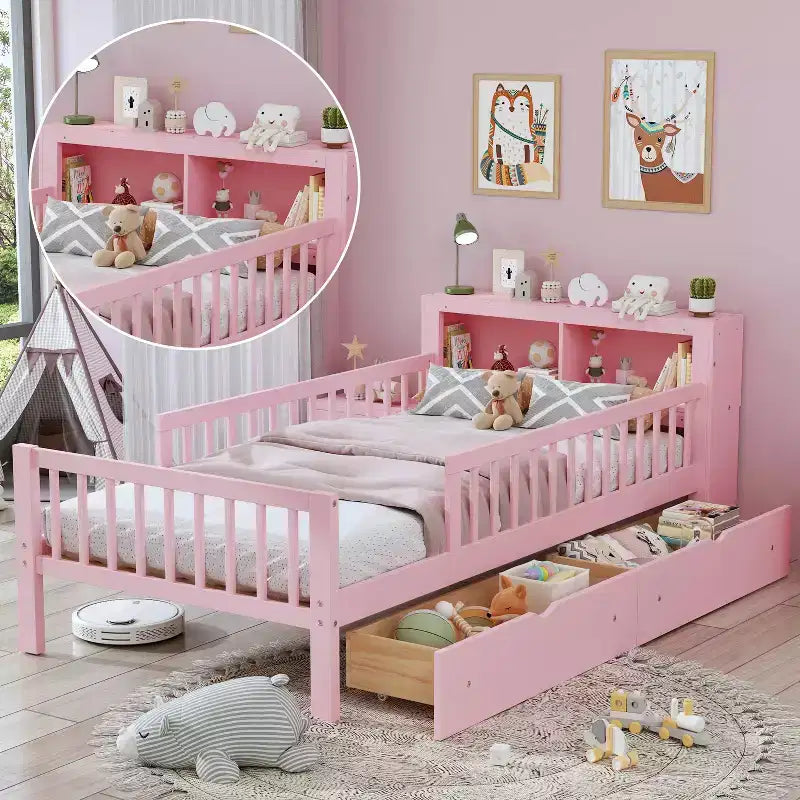 Letto matrimoniale con testiera contenitore, portaoggetti, due cassetti sottoletto e tre sponde laterali per la camera da letto, rosa
