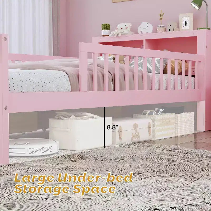 Letto matrimoniale con testiera contenitore, portaoggetti, due cassetti sottoletto e tre sponde laterali per la camera da letto, rosa