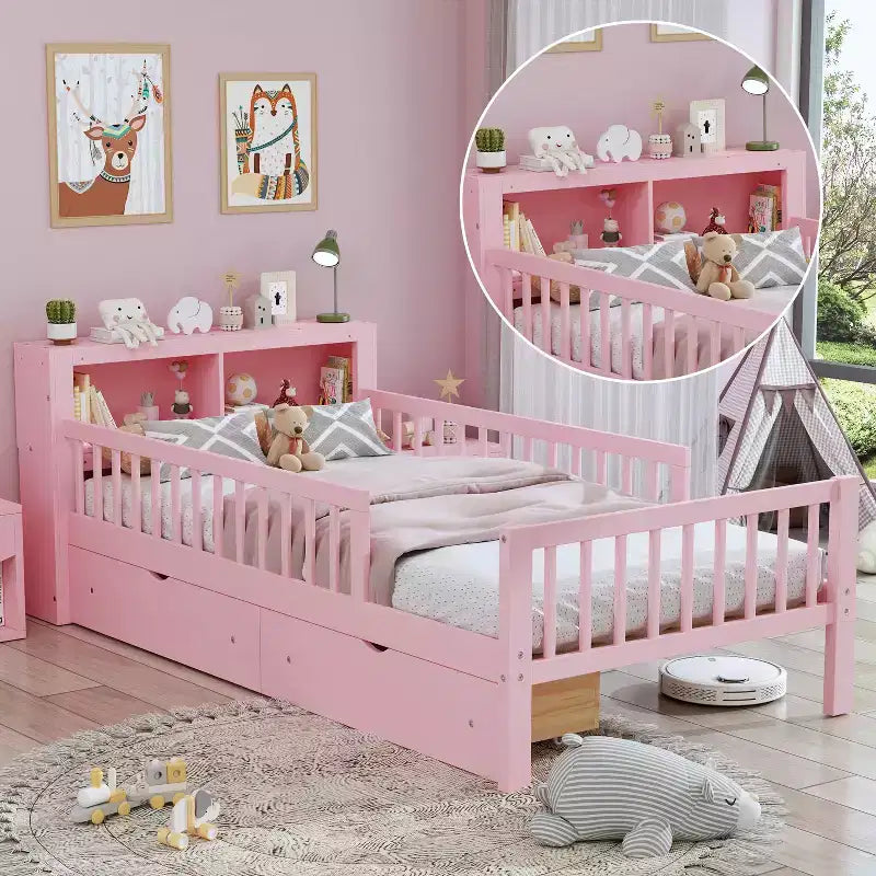 Letto matrimoniale con testiera contenitore, portaoggetti, due cassetti sottoletto e tre sponde laterali per la camera da letto, rosa