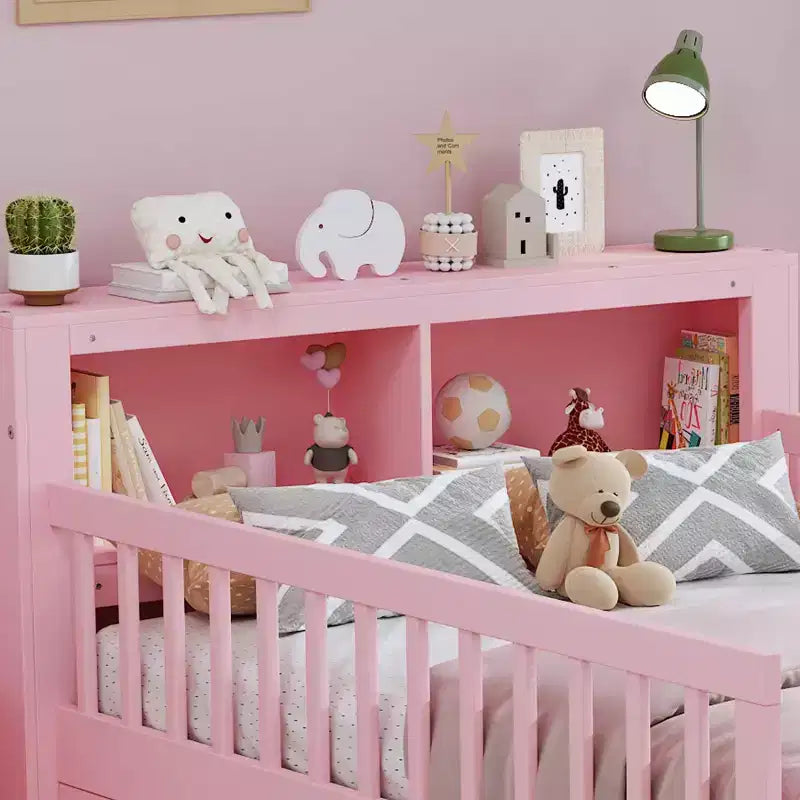 Letto matrimoniale con testiera contenitore, portaoggetti, due cassetti sottoletto e tre sponde laterali per la camera da letto, rosa