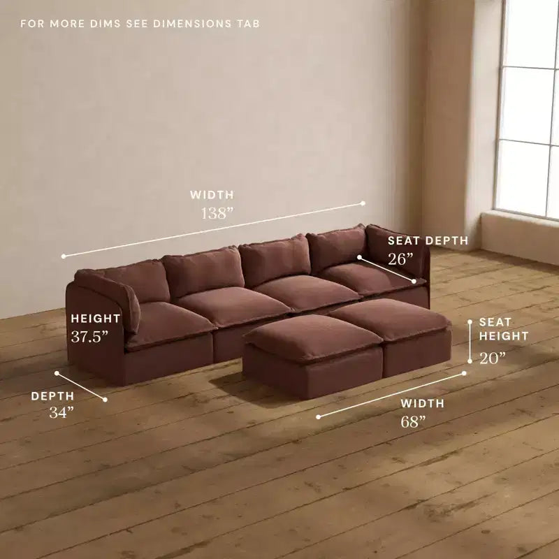 Divano Modulare Lavabile a 4 Posti + Pouf Panca | Seduta Deluxe+ e Cuscino Cloud