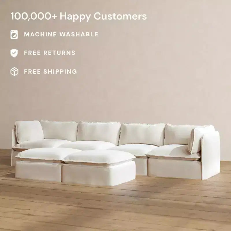 Divano Modulare Lavabile a 4 Posti + Pouf Panca | Seduta Deluxe+ e Cuscino Cloud