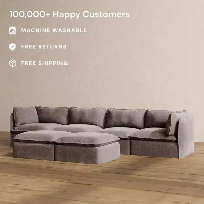 Divano Modulare Lavabile a 4 Posti + Pouf Panca | Seduta Deluxe+ e Cuscino Cloud