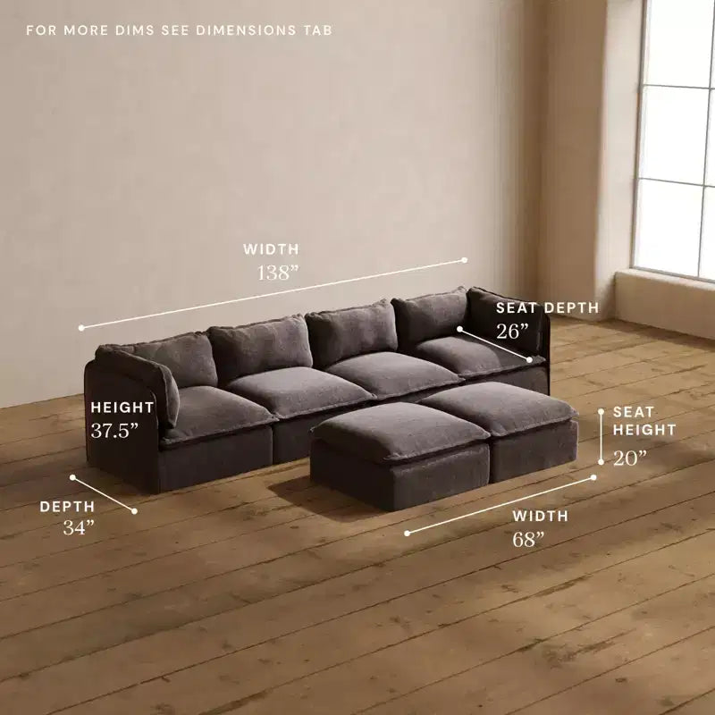 Divano Modulare Lavabile a 4 Posti + Pouf Panca | Seduta Deluxe+ e Cuscino Cloud
