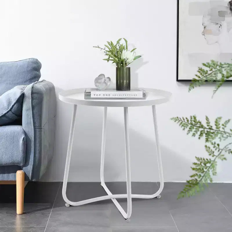 Tavolino rotondo in metallo per esterni, tavolino con telaio antiruggine a X e piano antiscivolo
