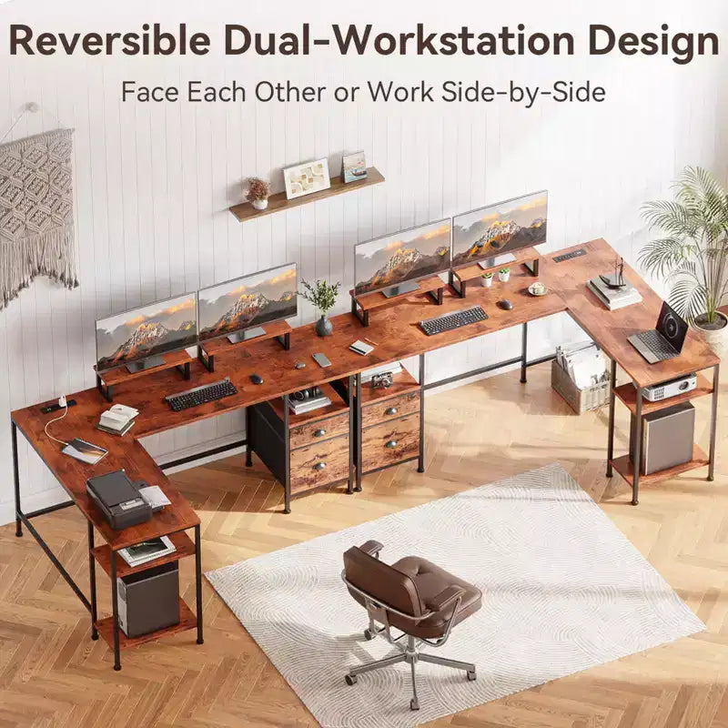 Scrivania ad angolo a L per computer da 168 cm, marrone, con stazione di ricarica, reversibile, per gaming, con schedario, supporto monitor, spazio di archiviazione, workstation per ufficio domestico