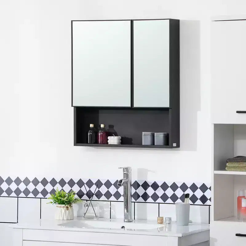 Mobiletto portamedicine a parete, mobiletto con specchio da bagno con ante doppie e ripiani, nero