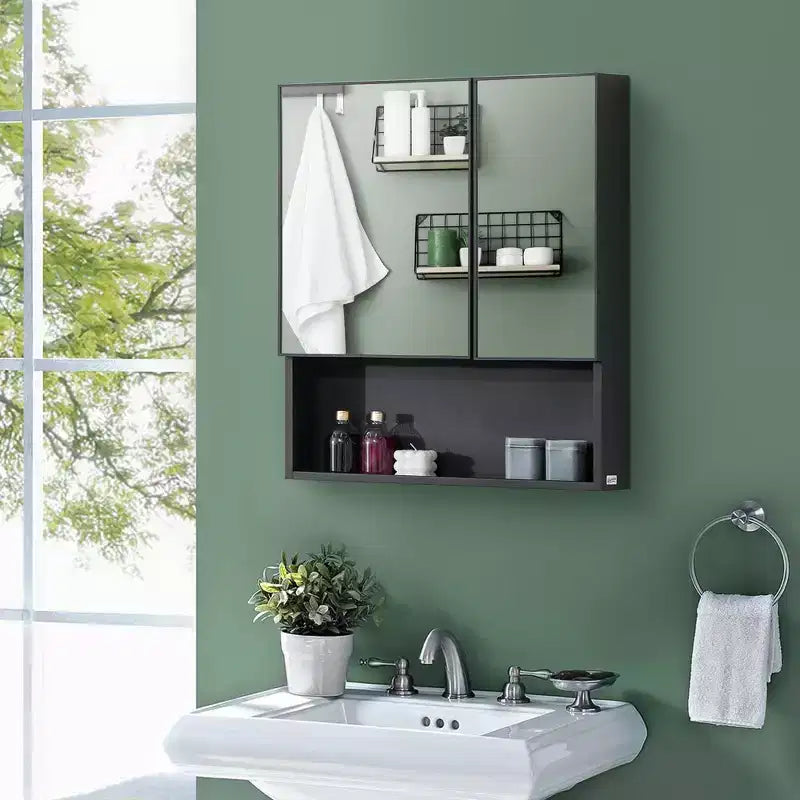 Mobiletto portamedicine a parete, mobiletto con specchio da bagno con ante doppie e ripiani, nero