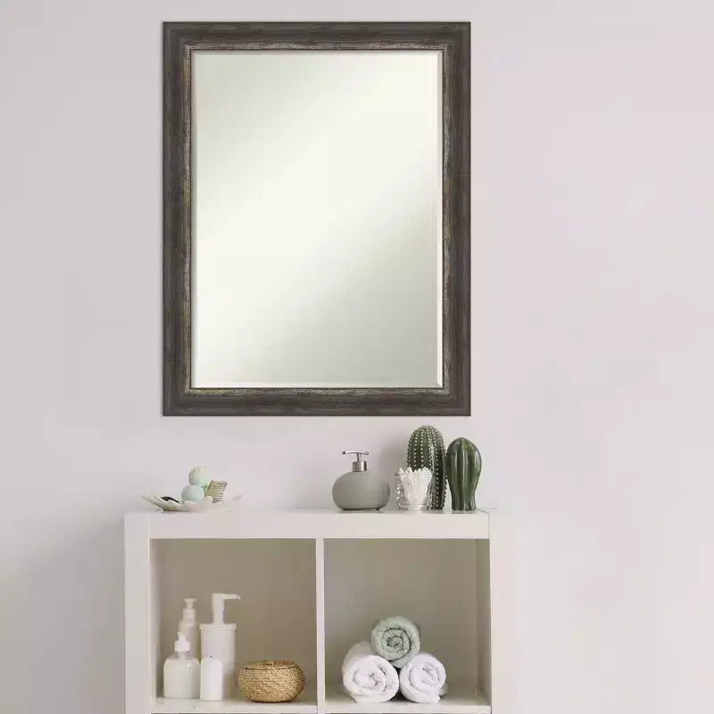 Specchio da Parete da Bagno Stretto Piccolo con Bordo Smussato Rustico a Corteccia 27,5 x 21,5 pollici