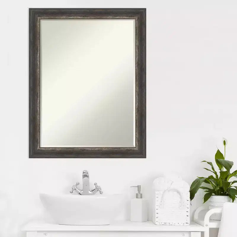 Specchio da Parete da Bagno Stretto Piccolo con Bordo Smussato Rustico a Corteccia 27,5 x 21,5 pollici